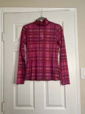 Pilcro by Anthropologie Pink Plaid Mesh Mock Neck Top Size S